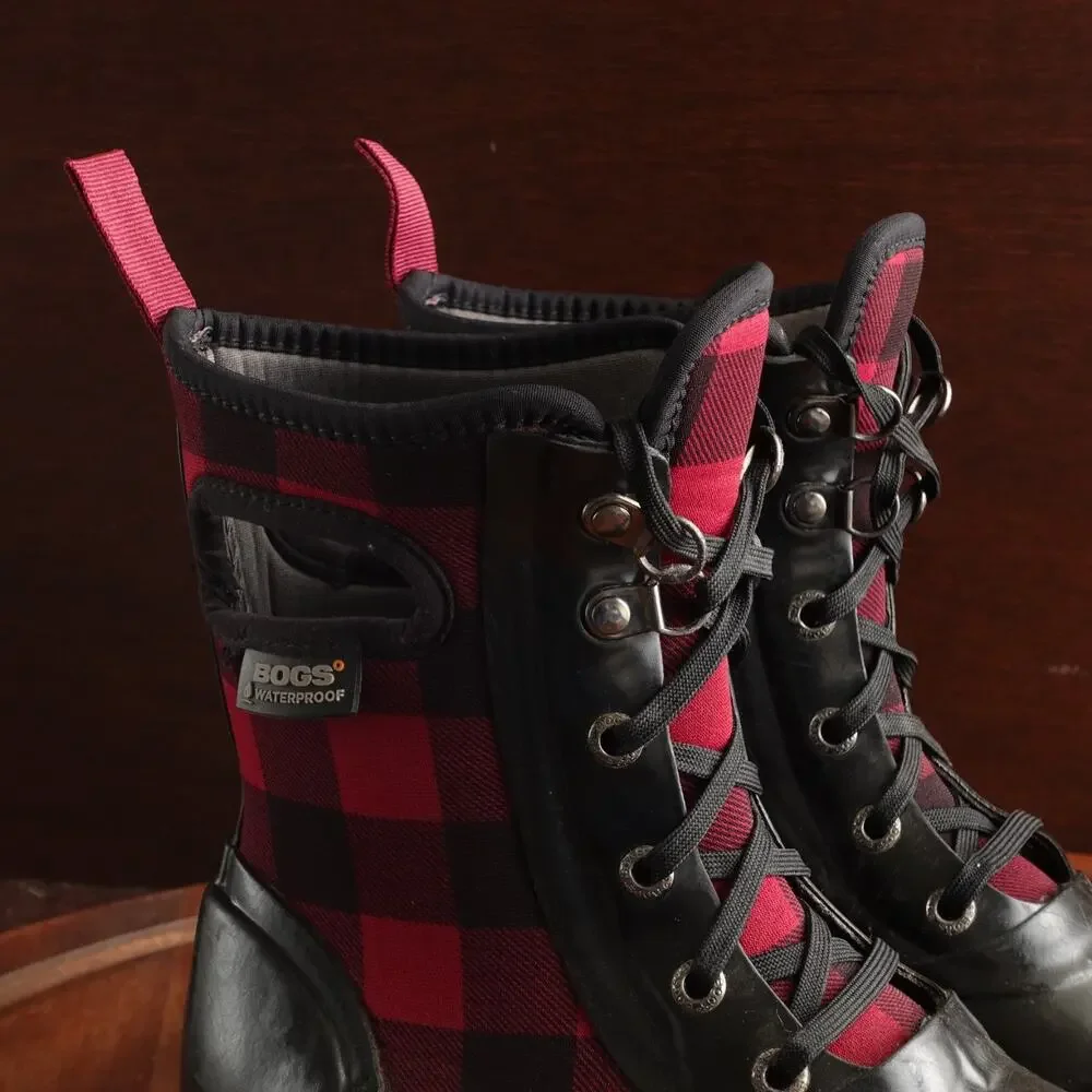Bogs Boots Youth Size 4 BLK Red Sidney Lace Plaid‎ Rain Waterproof Chore Outdoor